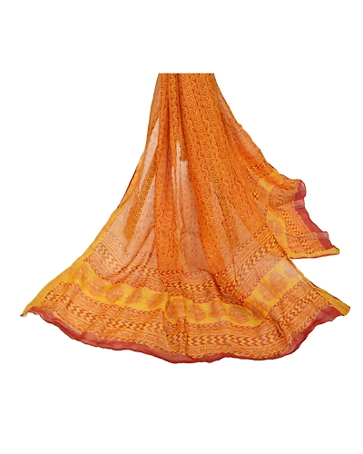 Sanskriti Vintage Dupatta Long Stole Chanderi Saffron Scarves Printed Wrap Hijab dc-48389-Saffron &amp; Brick Red-Printed Work-Chanderi-3