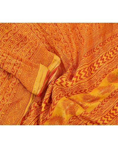 Sanskriti Vintage Dupatta Long Stole Chanderi Saffron Scarves Printed Wrap Hijab dc-48389-Saffron &amp; Brick Red-Printed Work-Chanderi-4