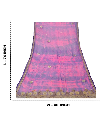 Sanskriti Vintage Dupatta Long Stole Pure Chiffon Silk Purple Handmade Tie-Dye DC-48393-Purple &amp; Pink-Beaded Work-Pure Chiffon Silk-1