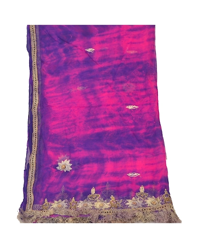 Sanskriti Vintage Dupatta Long Stole Pure Chiffon Silk Purple Handmade Tie-Dye DC-48393-Purple &amp; Pink-Beaded Work-Pure Chiffon Silk-2