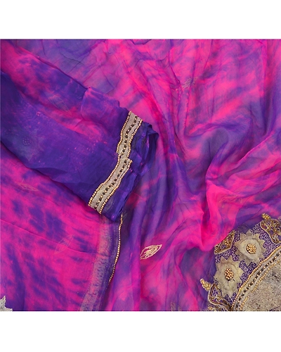 Sanskriti Vintage Dupatta Long Stole Pure Chiffon Silk Purple Handmade Tie-Dye DC-48393-Purple &amp; Pink-Beaded Work-Pure Chiffon Silk-3