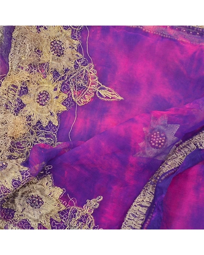 Sanskriti Vintage Dupatta Long Stole Pure Chiffon Silk Purple Handmade Tie-Dye DC-48393-Purple &amp; Pink-Beaded Work-Pure Chiffon Silk-4