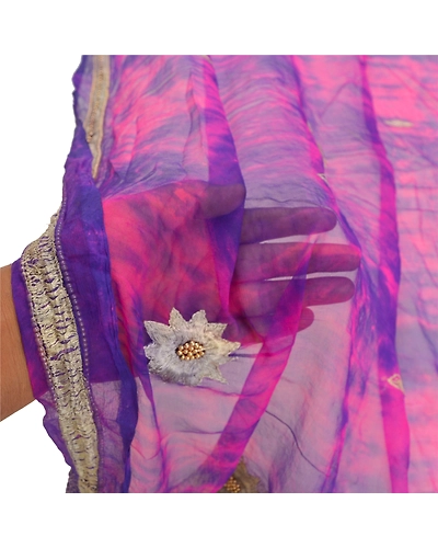 Sanskriti Vintage Dupatta Long Stole Pure Chiffon Silk Purple Handmade Tie-Dye DC-48393-Purple &amp; Pink-Beaded Work-Pure Chiffon Silk-5