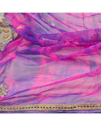 Sanskriti Vintage Dupatta Long Stole Pure Chiffon Silk Purple Handmade Tie-Dye DC-48393-Purple &amp; Pink-Beaded Work-Pure Chiffon Silk-6