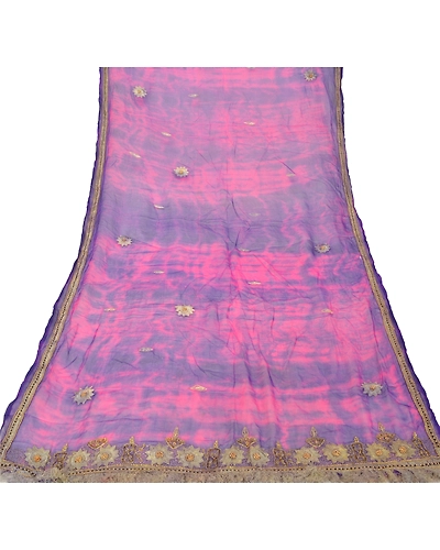 Sanskriti Vintage Dupatta Long Stole Pure Chiffon Silk Purple Handmade Tie-Dye DC-48393-Purple &amp; Pink-Beaded Work-Pure Chiffon Silk-7