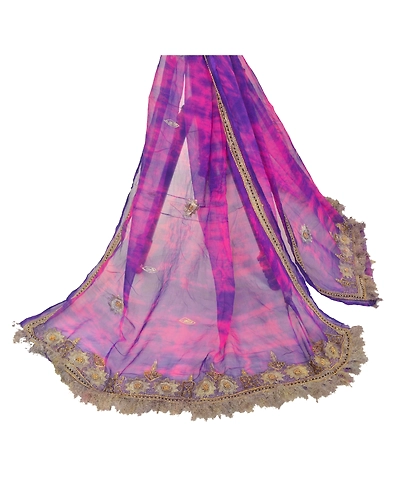 Sanskriti Vintage Dupatta Long Stole Pure Chiffon Silk Purple Handmade Tie-Dye DC-48393-Purple &amp; Pink-Beaded Work-Pure Chiffon Silk-8