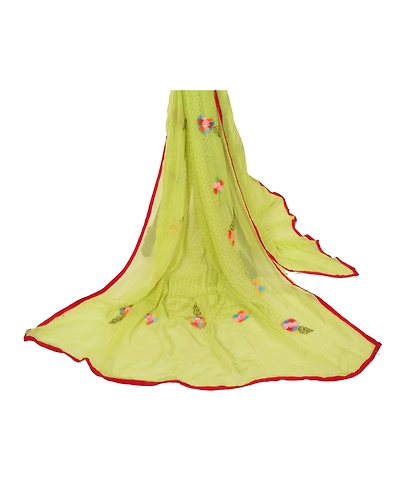 Sanskriti Vintage Dupatta Long Stole Georgette Green Handmade 3D Flower Veil DC-48397-Green-Beaded Work-Georgette-2