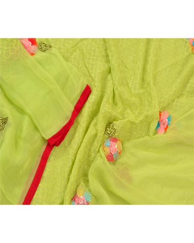 Sanskriti Vintage Dupatta Long Stole Georgette Green Handmade 3D Flower Veil DC-48397-Green-Beaded Work-Georgette-3