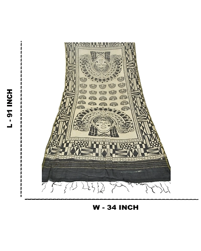Sanskriti Vintage Dupatta Long Stole Chanderi Cream Wrap Block Printed Hijab DC-48430-Cream &amp; Black-Block Printed Work-Chanderi-1