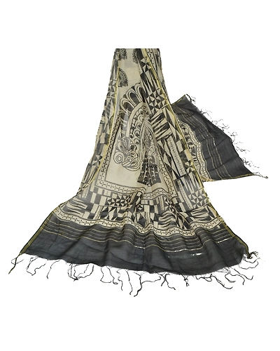 Sanskriti Vintage Dupatta Long Stole Chanderi Cream Wrap Block Printed Hijab DC-48430-Cream &amp; Black-Block Printed Work-Chanderi-2