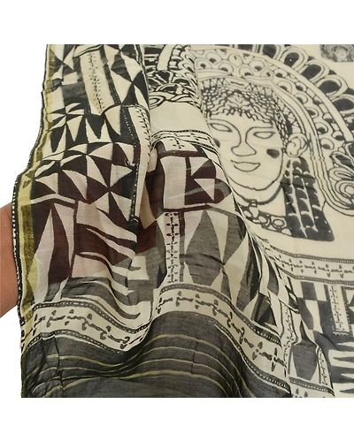 Sanskriti Vintage Dupatta Long Stole Chanderi Cream Wrap Block Printed Hijab DC-48430-Cream &amp; Black-Block Printed Work-Chanderi-5