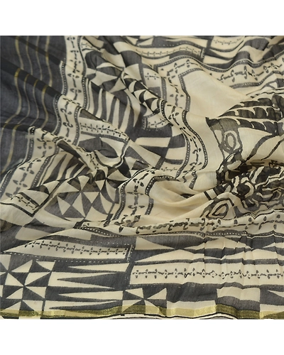 Sanskriti Vintage Dupatta Long Stole Chanderi Cream Wrap Block Printed Hijab DC-48430-Cream &amp; Black-Block Printed Work-Chanderi-6