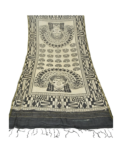 Sanskriti Vintage Dupatta Long Stole Chanderi Cream Wrap Block Printed Hijab DC-48430-Cream &amp; Black-Block Printed Work-Chanderi-7