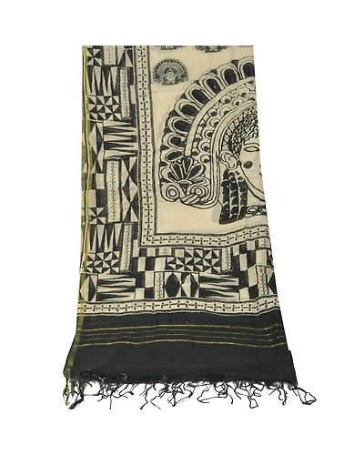 Sanskriti Vintage Dupatta Long Stole Chanderi Cream Wrap Block Printed Hijab DC-48430-Cream &amp; Black-Block Printed Work-Chanderi-8