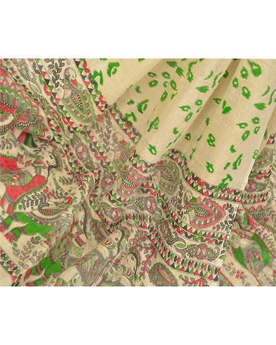 Sanskriti Vintage Dupatta Long Stole Cotton Cream Madhubani Printed Hijab/Shawl DC-48519-Cream-Printed Work-Cotton-2