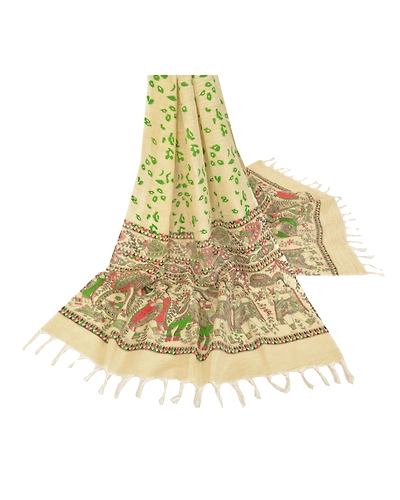Sanskriti Vintage Dupatta Long Stole Cotton Cream Madhubani Printed Hijab/Shawl DC-48519-Cream-Printed Work-Cotton-3