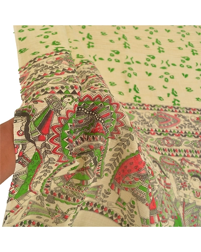 Sanskriti Vintage Dupatta Long Stole Cotton Cream Madhubani Printed Hijab/Shawl DC-48519-Cream-Printed Work-Cotton-6