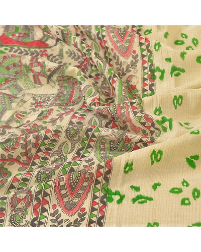 Sanskriti Vintage Dupatta Long Stole Cotton Cream Madhubani Printed Hijab/Shawl DC-48519-Cream-Printed Work-Cotton-7