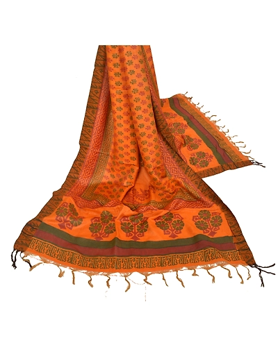 Sanskriti Vintage Dupatta Long Stole Woolen Saffron Hijab Printed Wrap Shawl DC-48529-Shade Of Saffron-Printed Work-Woolen-3