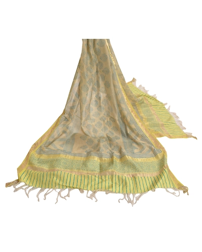Sanskriti Vintage Dupatta Long Stole Chanderi Cream Block Printed Wrap Scarves DC-48566-Shade Of Cream &amp; Lemon-Block Printed Work-Chanderi-2