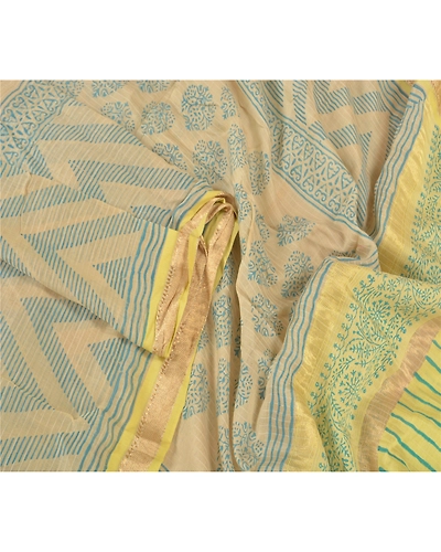 Sanskriti Vintage Dupatta Long Stole Chanderi Cream Block Printed Wrap Scarves DC-48566-Shade Of Cream &amp; Lemon-Block Printed Work-Chanderi-3