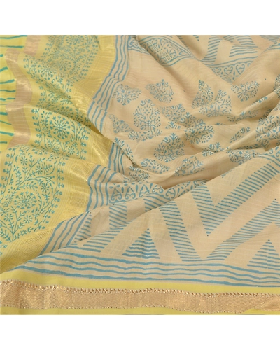 Sanskriti Vintage Dupatta Long Stole Chanderi Cream Block Printed Wrap Scarves DC-48566-Shade Of Cream &amp; Lemon-Block Printed Work-Chanderi-6