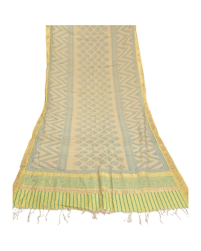 Sanskriti Vintage Dupatta Long Stole Chanderi Cream Block Printed Wrap Scarves DC-48566-Shade Of Cream &amp; Lemon-Block Printed Work-Chanderi-7