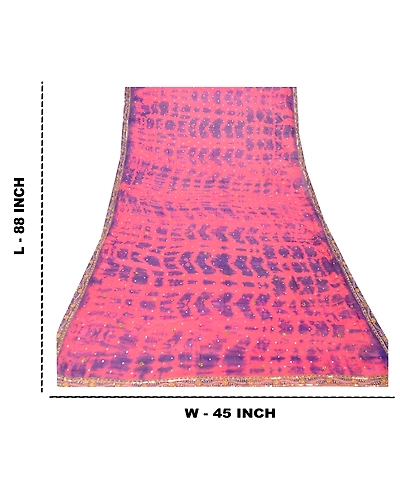 Sanskriti Vintage Dupatta Long Stole Pure Silk Pink Hand Beaded Tie-Dye Scarves DC-48599-Pink &amp; Blue-Sequins Work-Pure Silk-1