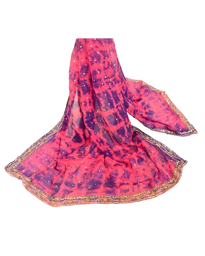 Sanskriti Vintage Dupatta Long Stole Pure Silk Pink Hand Beaded Tie-Dye Scarves DC-48599-Pink &amp; Blue-Sequins Work-Pure Silk-2