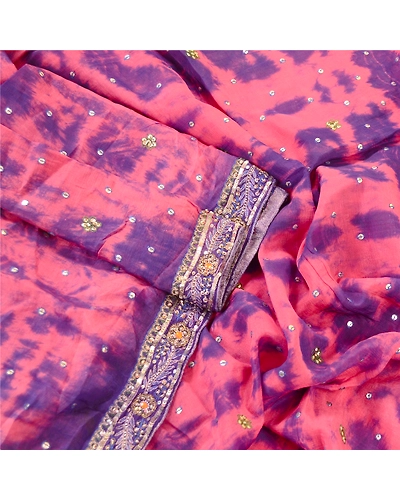 Sanskriti Vintage Dupatta Long Stole Pure Silk Pink Hand Beaded Tie-Dye Scarves DC-48599-Pink &amp; Blue-Sequins Work-Pure Silk-3