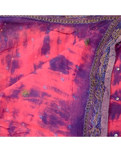 Sanskriti Vintage Dupatta Long Stole Pure Silk Pink Hand Beaded Tie-Dye Scarves DC-48599-Pink &amp; Blue-Sequins Work-Pure Silk-4