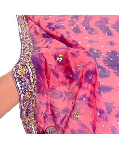 Sanskriti Vintage Dupatta Long Stole Pure Silk Pink Hand Beaded Tie-Dye Scarves DC-48599-Pink &amp; Blue-Sequins Work-Pure Silk-5