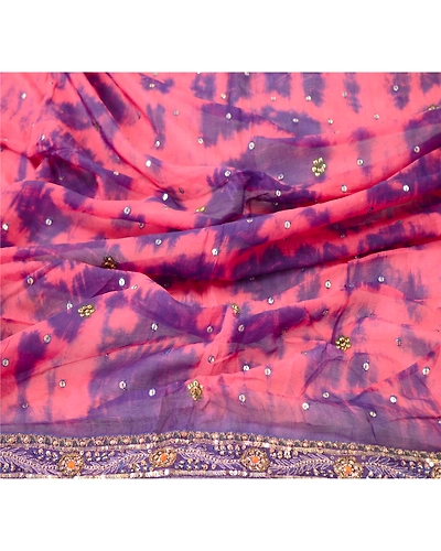 Sanskriti Vintage Dupatta Long Stole Pure Silk Pink Hand Beaded Tie-Dye Scarves DC-48599-Pink &amp; Blue-Sequins Work-Pure Silk-6
