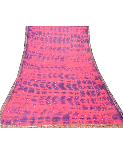 Sanskriti Vintage Dupatta Long Stole Pure Silk Pink Hand Beaded Tie-Dye Scarves DC-48599-Pink &amp; Blue-Sequins Work-Pure Silk-7