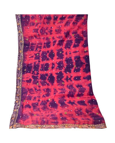 Sanskriti Vintage Dupatta Long Stole Pure Silk Pink Hand Beaded Tie-Dye Scarves DC-48599-Pink &amp; Blue-Sequins Work-Pure Silk-8