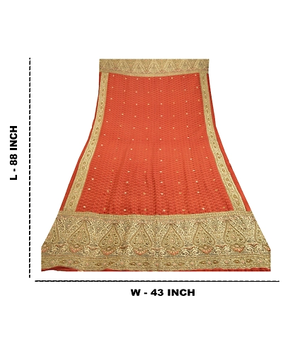 Sanskriti Vintage Dupatta Long Stole Pure Silk Orange Hand Beaded Wrap Scarves DC-48663-Orange &amp; Ivory-Sequins Work-Pure Silk-1