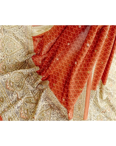 Sanskriti Vintage Dupatta Long Stole Pure Silk Orange Hand Beaded Wrap Scarves DC-48663-Orange &amp; Ivory-Sequins Work-Pure Silk-2