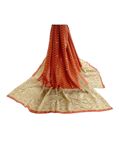 Sanskriti Vintage Dupatta Long Stole Pure Silk Orange Hand Beaded Wrap Scarves DC-48663-Orange &amp; Ivory-Sequins Work-Pure Silk-3