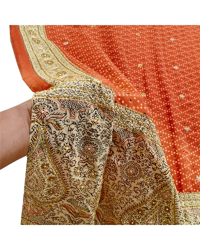 Sanskriti Vintage Dupatta Long Stole Pure Silk Orange Hand Beaded Wrap Scarves DC-48663-Orange &amp; Ivory-Sequins Work-Pure Silk-6