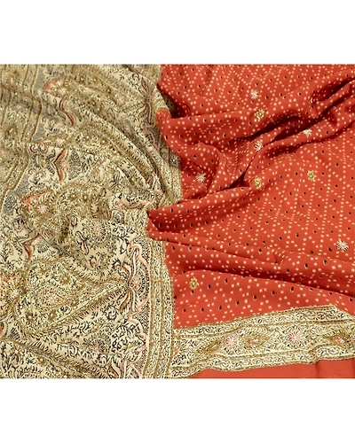 Sanskriti Vintage Dupatta Long Stole Pure Silk Orange Hand Beaded Wrap Scarves DC-48663-Orange &amp; Ivory-Sequins Work-Pure Silk-7