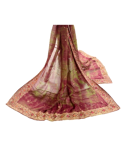 Sanskriti Vintage Dupatta Long Stole Pure Silk Green Hand Beaded Tie-Dye Scarves DC-48681-Shade Of Green &amp; Purple-Sequins Work-Pure Silk-2