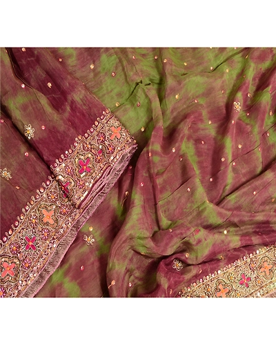 Sanskriti Vintage Dupatta Long Stole Pure Silk Green Hand Beaded Tie-Dye Scarves DC-48681-Shade Of Green &amp; Purple-Sequins Work-Pure Silk-3