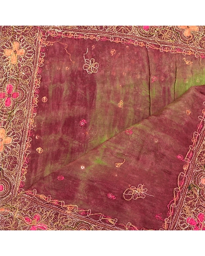 Sanskriti Vintage Dupatta Long Stole Pure Silk Green Hand Beaded Tie-Dye Scarves DC-48681-Shade Of Green &amp; Purple-Sequins Work-Pure Silk-4