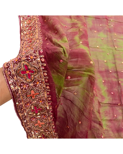 Sanskriti Vintage Dupatta Long Stole Pure Silk Green Hand Beaded Tie-Dye Scarves DC-48681-Shade Of Green &amp; Purple-Sequins Work-Pure Silk-5