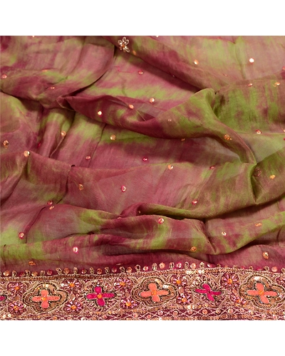 Sanskriti Vintage Dupatta Long Stole Pure Silk Green Hand Beaded Tie-Dye Scarves DC-48681-Shade Of Green &amp; Purple-Sequins Work-Pure Silk-6