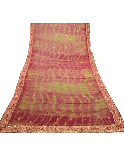 Sanskriti Vintage Dupatta Long Stole Pure Silk Green Hand Beaded Tie-Dye Scarves DC-48681-Shade Of Green &amp; Purple-Sequins Work-Pure Silk-7