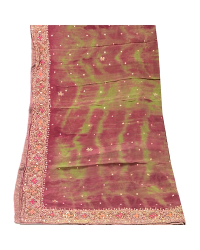 Sanskriti Vintage Dupatta Long Stole Pure Silk Green Hand Beaded Tie-Dye Scarves DC-48681-Shade Of Green &amp; Purple-Sequins Work-Pure Silk-8