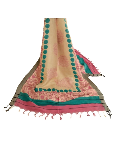 Sanskriti Vintage Dupatta Long Stole Pure Woolen Shawl Hand-Painted Wrap Hijab DC-49275-Ivory &amp; Pink-Hand-Painted Work-Pure Woolen-2