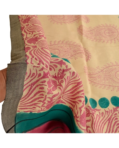 Sanskriti Vintage Dupatta Long Stole Pure Woolen Shawl Hand-Painted Wrap Hijab DC-49275-Ivory &amp; Pink-Hand-Painted Work-Pure Woolen-5