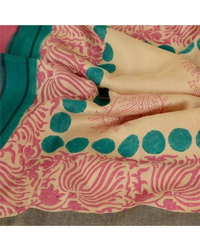 Sanskriti Vintage Dupatta Long Stole Pure Woolen Shawl Hand-Painted Wrap Hijab DC-49275-Ivory &amp; Pink-Hand-Painted Work-Pure Woolen-6